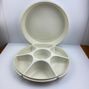 Tupperware Vintage Serving Center Covered Divided Party Tray 2 piece Almond